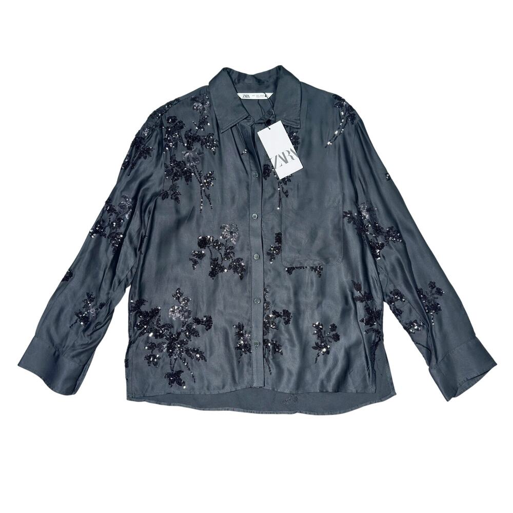 Zara | Women | Emerald Green Satin Floral Sequin LS Button Up Blouse | Small - Picture 13 of 16